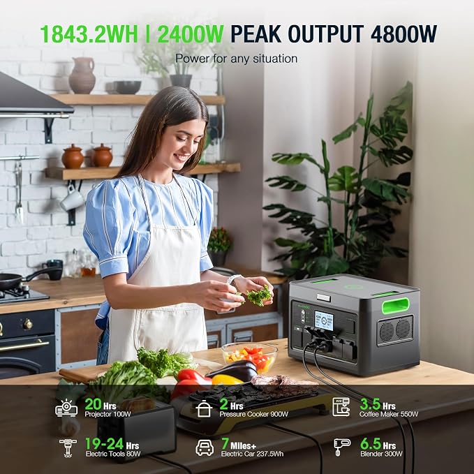 Portable Power Station 2400W Solar Generator, 1843Wh UPS Home Battery Backup, LiFePO4 Battery Supply with 12 Outlets(2400W AC Outlets,4800W Peak), USB-C PD100W, 2Hrs Quick Charge, RV Camping - Image 8