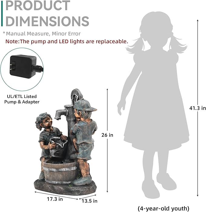 26" Outdoor Fountain, 3-Tier Boy-Girl Playing with Faucet Water Feature with LED Lights, Antique Resin Soothing Cascading Waterfall for Patio, Backyard, Garden or Porch