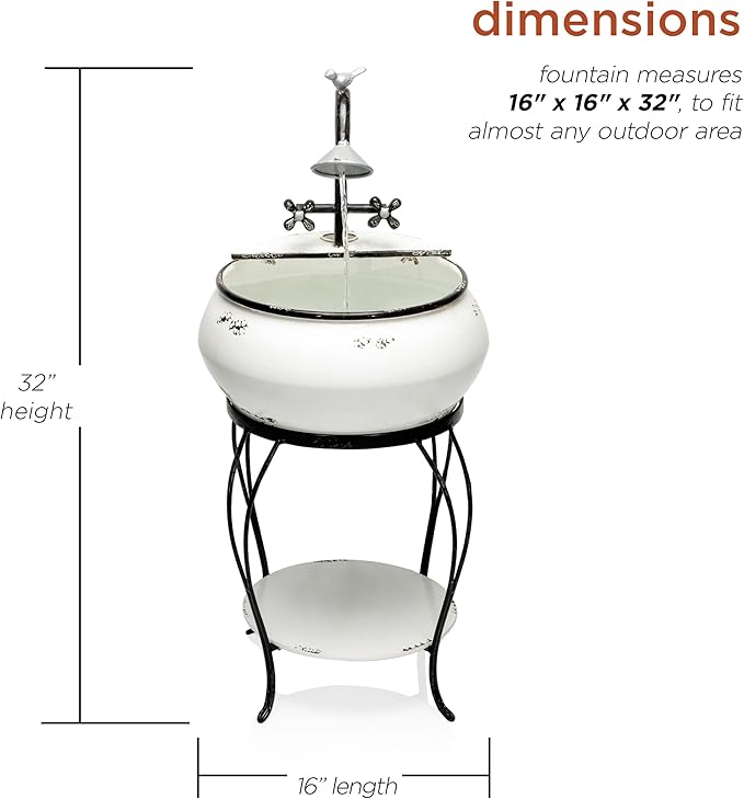 Alpine Corporation YHL170 32” Indoor/Outdoor Antique Metal Sink Water Fountain with Stand – Charming Waterfall Feature for Garden, Patio & Home Decor, White