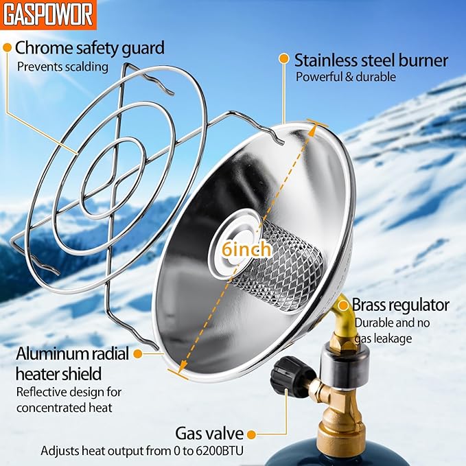 6200BTU Propane Heater with Windproof USB lighter, Gas Heater Camping, Outdoor Propane Heater with Cylinder Stand (Fuel not included)