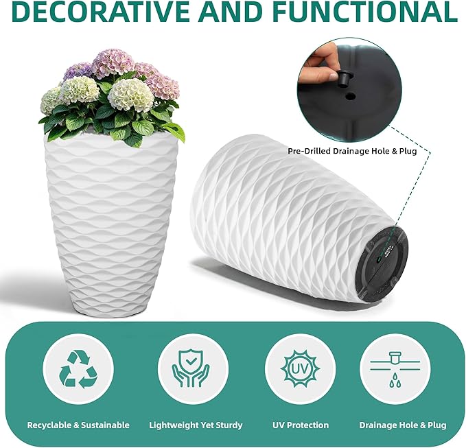 19" Nordic Wavy Tall Outdoor Planters, Set of 2 Ultra Durable Resin Large Flower with Drainage Holes, Weather-Resistant Outdoor Planters for Garden Patio Porch Balcony Living Room Office Decor