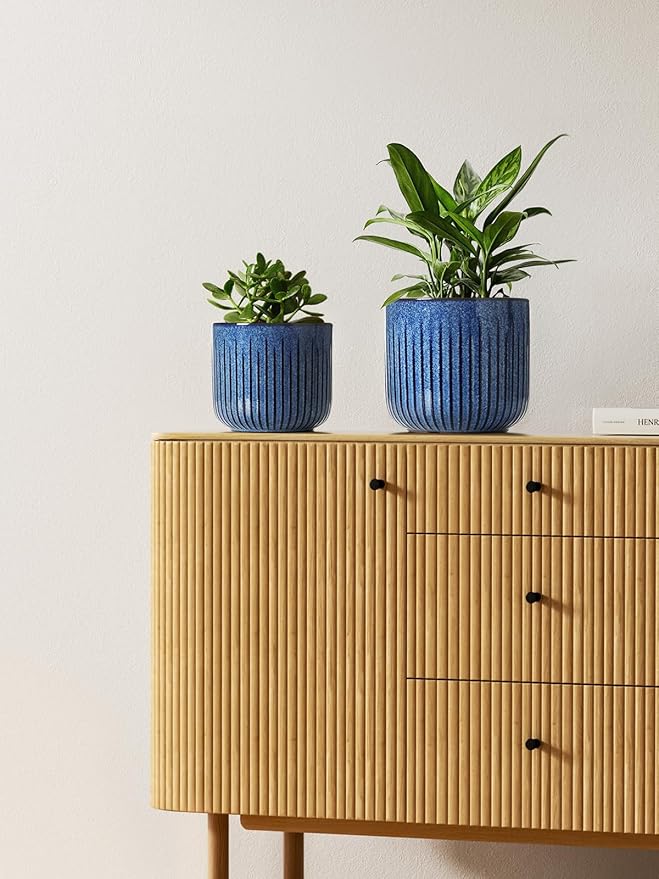 LE TAUCI Fluted Ceramic Plant Pots, 8.3/7/6 Inch Indoor Planters with Drainage Holes & Mesh, Modern Glossy Glaze Cylinder Flower Pot for Snake Plant, Set of 3, Harbor Blue