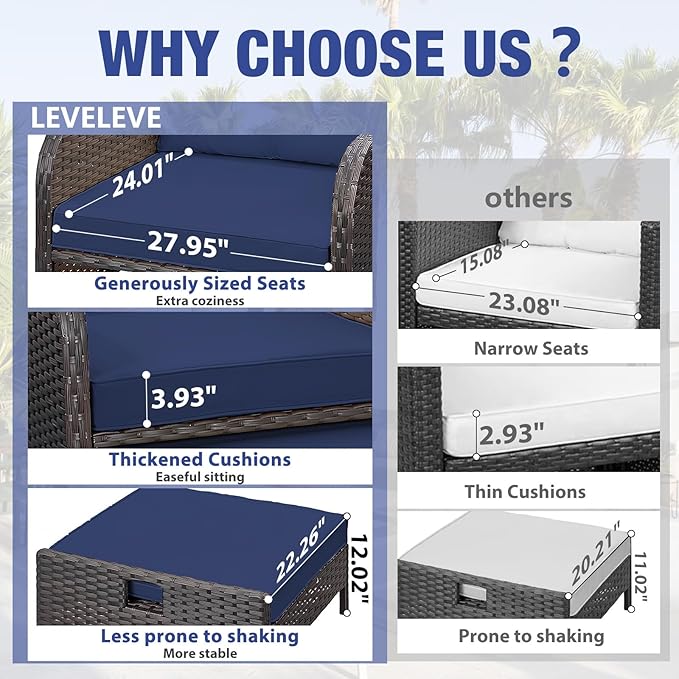 LEVELEVE Patio Conversation Set 5 Piece, Balcony Furniture Outdoor PE Rattan Wicker Lounge Chairs with Soft Cushions, 2 Ottomans & Glass Table for Porch Lawn, Brown (Blue Cushions