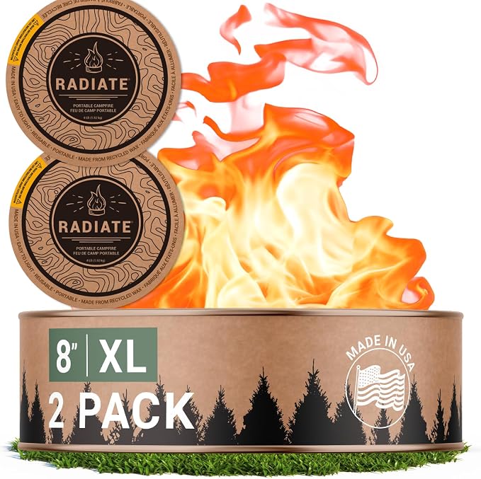 Radiate 2 Pack XL 8" Portable Campfire As Seen On Shark Tank - Up to 2 Hours of Burn Time, Reusable Travel Fire Pit for Camping, Patios & Beach Days - Great Alternative to a Real Fire - Made in USA by RadiateCampfire