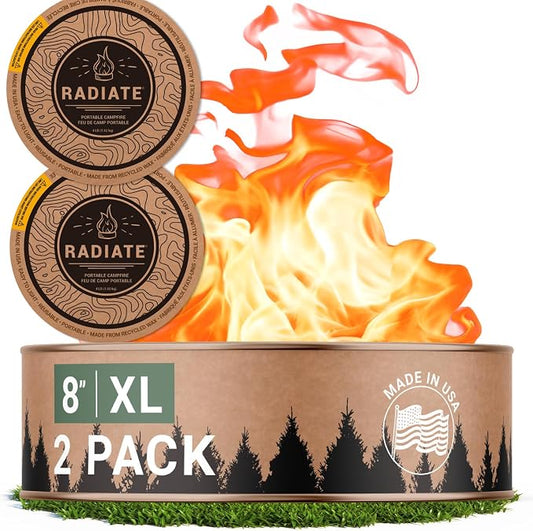Radiate 2 Pack XL 8" Portable Campfire As Seen On Shark Tank - Up to 2 Hours of Burn Time, Reusable Travel Fire Pit for Camping, Patios & Beach Days - Great Alternative to a Real Fire - Made in USA by RadiateCampfire