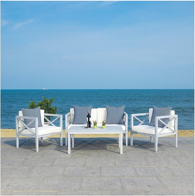 Safavieh Outdoor Nunzio Grey and Beige 4-Piece Patio Set (Pillows Included)