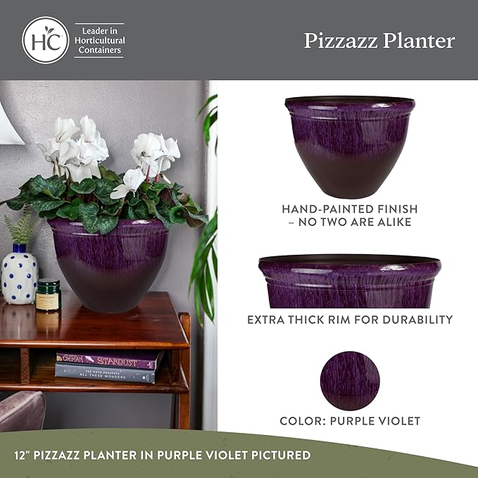 The HC Companies 20 Inch Pizzazz Round Planter Pots with Ceramic Look, Lightweight UV-Resistant Plastic Indoor & Outdoor Planters, 2-Pack Flower Pots for Garden & Home Decor, Purple Violet
