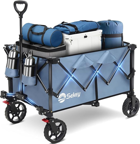 Sekey Collapsible Foldable Wagon with 330lbs Weight Capacity, Heavy Duty Folding Wagon Cart with Big All-Terrain Wheels & Drink Holders. Blue by Sekey