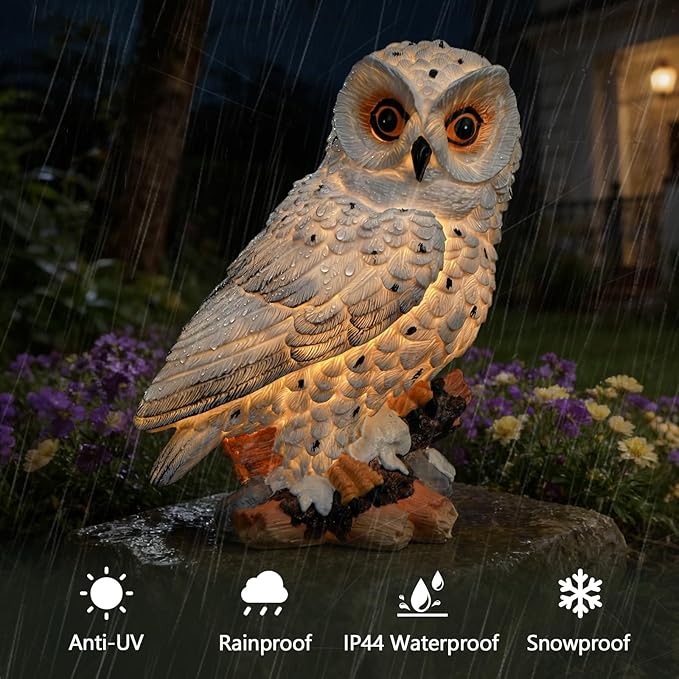Solar Owl Garden Outdoor Statue,Owl Figurine Sculpture with LED Lights for Porch Patio Lawn Yard Deck Spring Decor - Ideal Easter Day Housewarming Christmas Gift for Women Men Owl Lover(White)