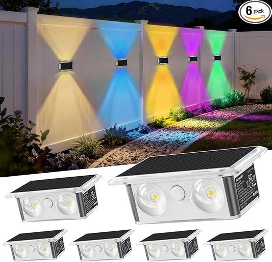 TECKNET Solar Fence Lights, Up Down Lights & 200°Wide Lighting, 8 Modes RGB Color Changing, 6 Pack, IP66 Waterproof Dual-Lens LED Decorative Lights for Wall/Garden/Fence/Patio/Backyard