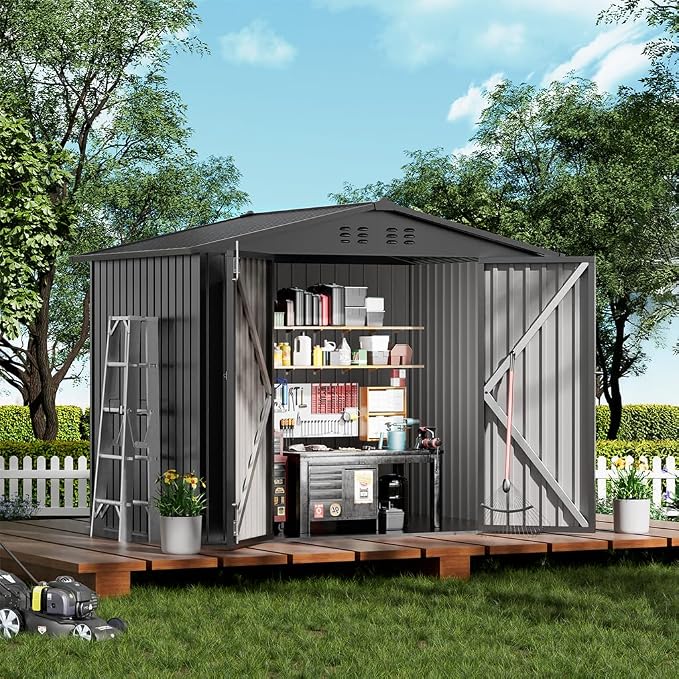 COMHOMA Shed Outdoor Storage Shed Metal,Lockable Doors Tool Sheds with Sloping Roof,Steel Garden Shed with Air Vent for Backyard,Patio,Lawn,Poolside(Grey,8'x6') by ComHoma