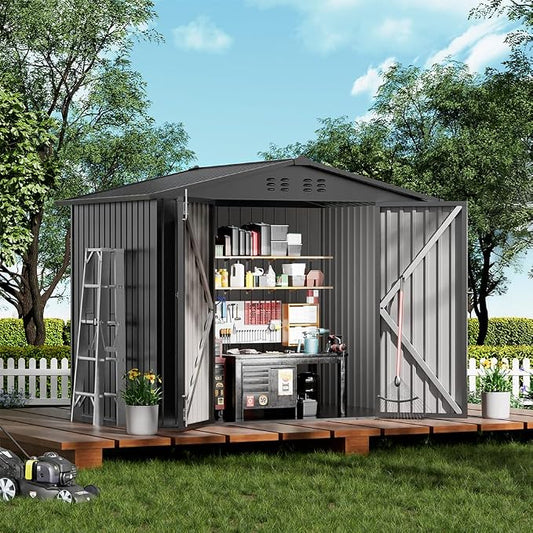 COMHOMA Shed Outdoor Storage Shed Metal,Lockable Doors Tool Sheds with Sloping Roof,Steel Garden Shed with Air Vent for Backyard,Patio,Lawn,Poolside(Grey,8'x6') by ComHoma