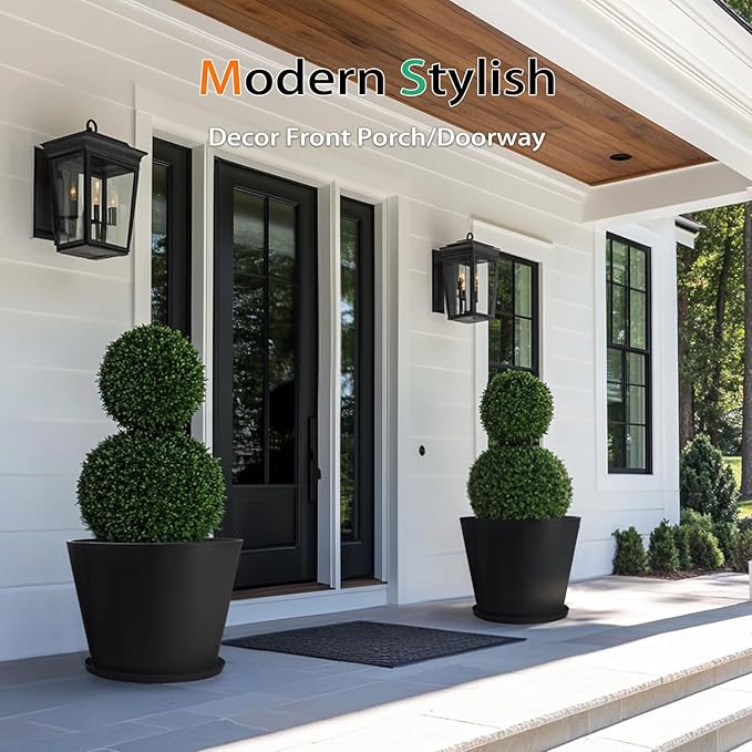 Wide Planters for Outdoor Plants, Extra Large Indoor Flower Pots for Garden, Front Porch, Patio - Round Resin Planter Set of 2 (Black, 16" D x 14" H)
