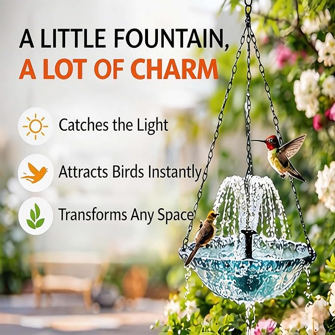 Solar Cascade Hanging Bird Bath Fountain, Outdoor Hanging Bird Bath with Solar Fountain, Large Humming Birds Baths Fountains, with Solars Pump & Glass Bowl, for Outdoor, Gardens (Three Floors 1pc)