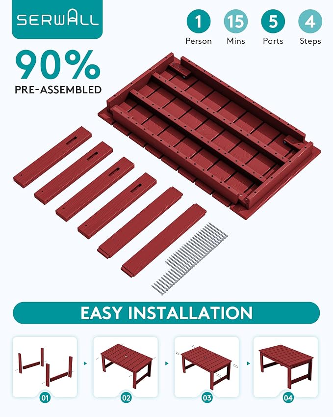 SERWALL Outdoor Coffee Table with 1.69" Umbrella Hole, HDPE Patio Coffee Table for Outside, Rectangle, Red - Image 5