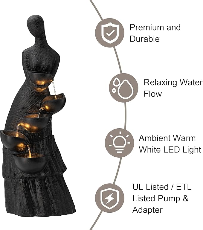 Glitzhome 39.75" H Modern Abstract Women Sculpture Outdoor Water Fountain, 5 Tier Woman Statue Waterfall Fountain with LED Lights and Pump for Porch Deck Garden Patio Backyard