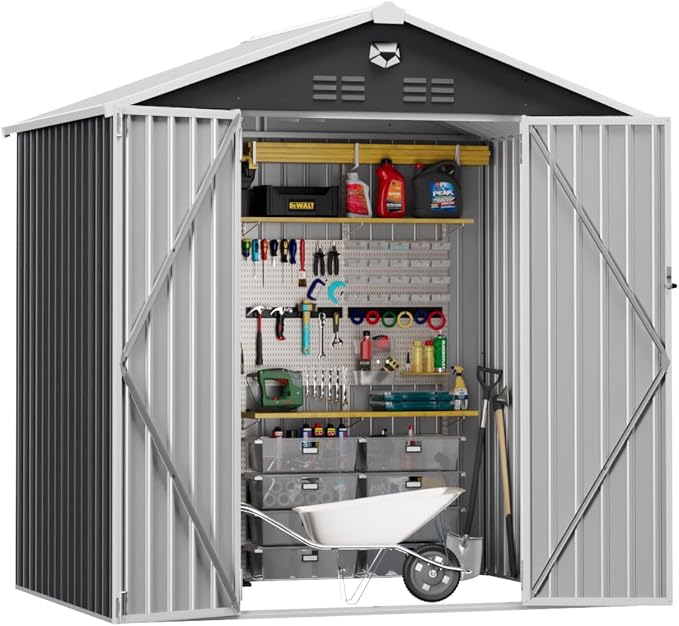8X6 FT Outdoor Storage Shed, Metal Garden Shed, Storage Tool Sheds with Lockable Doors, Waterproof Outside Storage Building for Backyard, Patio (Black; Floor Not Included) by SOFTKISS