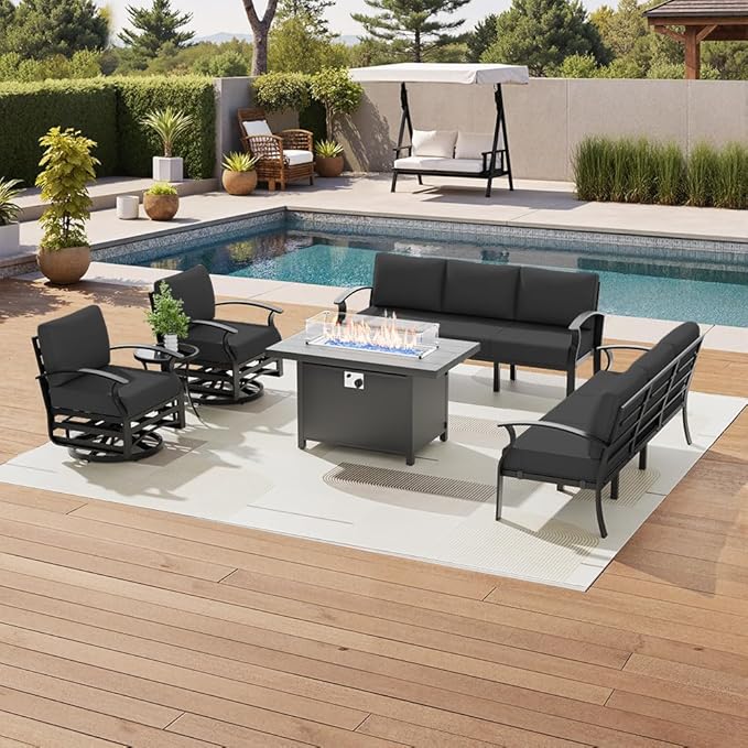 Aluminum Patio Furniture Set with Fire Pit Table, 8 Seats Outdoor Patio Conversation Sets with Swivel Chair Modern Metal Sectional Sofa with Upgrade Cushions for Patio, Backyard - Black