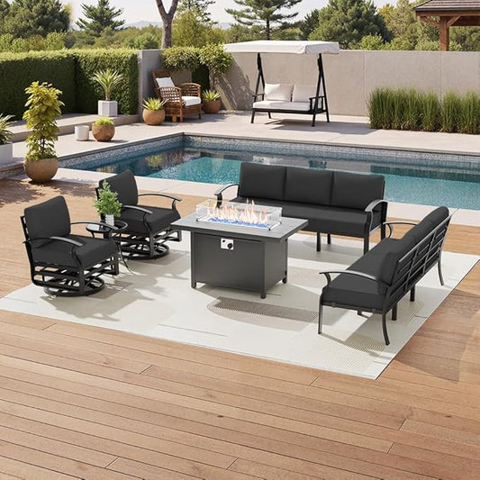 Aluminum Patio Furniture Set with Fire Pit Table, 8 Seats Outdoor Patio Conversation Sets with Swivel Chair Modern Metal Sectional Sofa with Upgrade Cushions for Patio, Backyard - Black