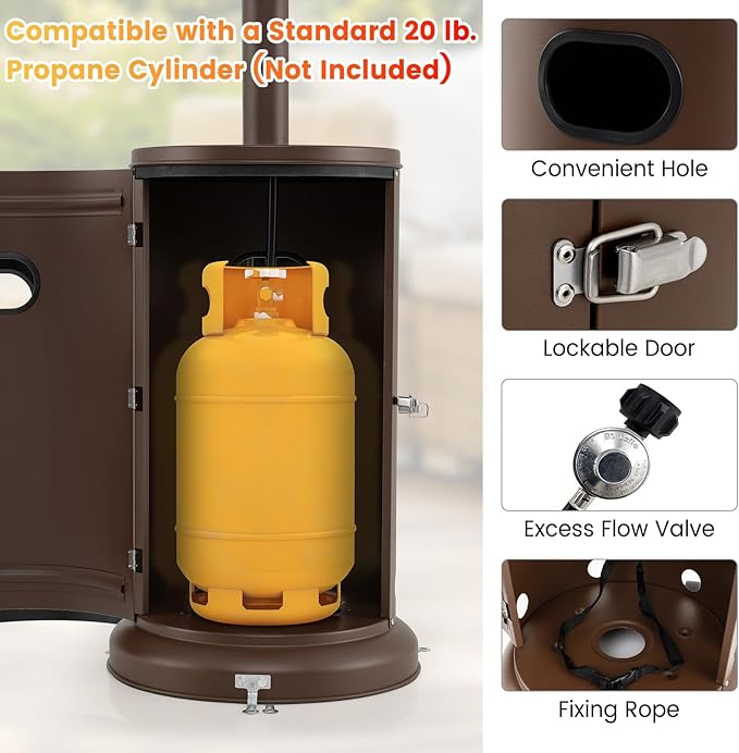 Happygrill 50,000 BTU Outdoor Heater, Round Propane Patio Heater with Stainless Steel Burner, Tip-Over & Flame-Out Protection & Wheels, Outdoor Heaters for Patio (Brown)