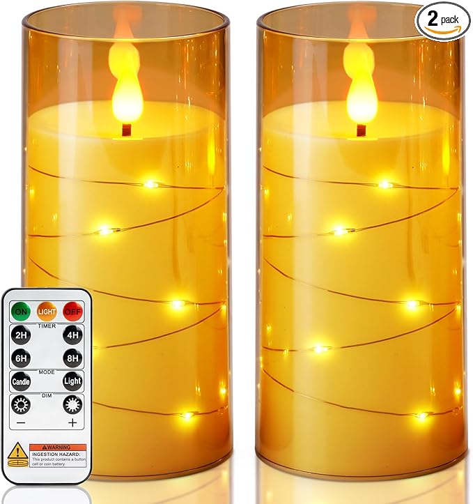 Homemory Flameless Candles with Embedded Star String Fairy Lights, Battery Operated Candles, LED Candle, Fake Candles with Remote Control and Timer, Gold, Set of 2(H 6" 6")