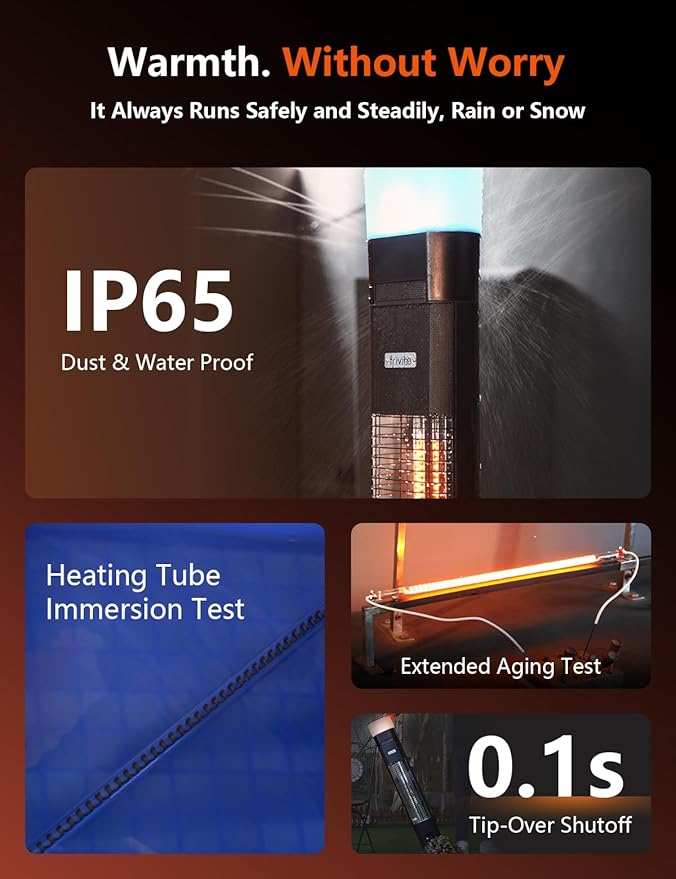 Outdoor Electric Patio Heater, 3-in-1 Heater with Audio Speaker & RGB Light, 1500W Infrared Tower Standing, 43-inch, IP65 Water & Snow Proof for Patio, Deck, Garage & Sunroom, Aluminum Unibody Design