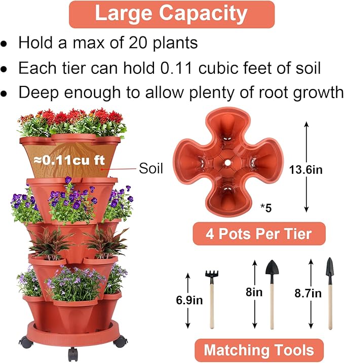 GameXcel Vertical Planter Tower - 5 Tier Stackable Garden Planters with Wheels and Tools Plant Pots for Strawberry Herb Flower and Vegetable Indoor Outdoor Use Red 2 Pack
