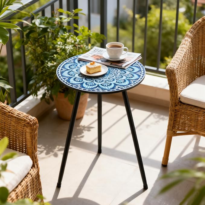 1 Pack Metal Mosaic Round Side Tables 13.4" Small Outdoor Patio Round Accent Coffee Tables Indoor Corner Stand for Small Spaces Weather-Resistant for Balcony, Porch Plant Stands Indoor, Light Blue - Image 7