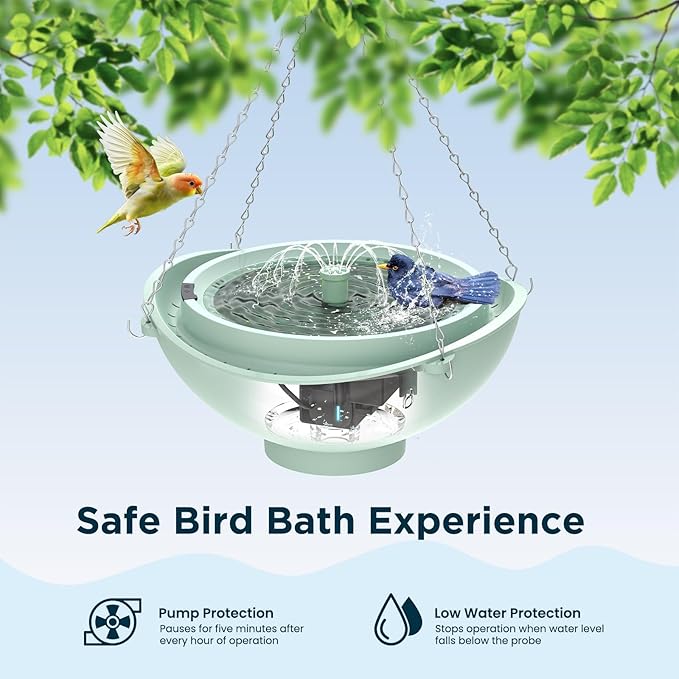 Rywell Solar Bird Bath with 3 Spray Modes, 2L Large Capacity Solar Fountain, Hanging/Standing Bird Bath with Filter & Auto Shut-Off, Quiet Pump for Garden Yard Outdoor
