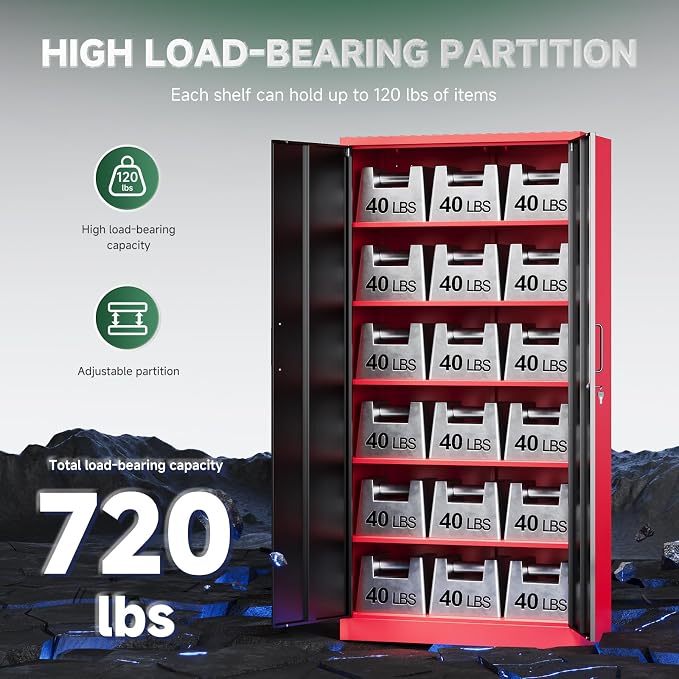Letaya Metal Garage Storage Cabinets with Lock, 71" Tall Locker Organizer Steel Tool Cabinets,5 Adjustable Shelves 2 Doors for Home Office, Warehouse,Garage,Industrial,Employee (Black Red) - Image 7