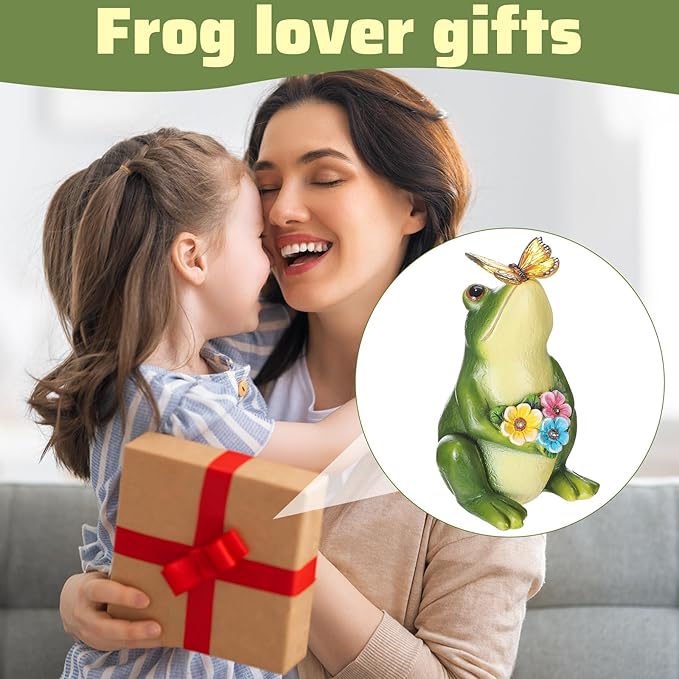 Solar Garden Frog Decor Resin Outdoor Frog Decor Figurine with LED Light Frogs Garden Statue for Outside Yard Patio Balcony Ornament Housewarming Gift for Women Mom Grandma