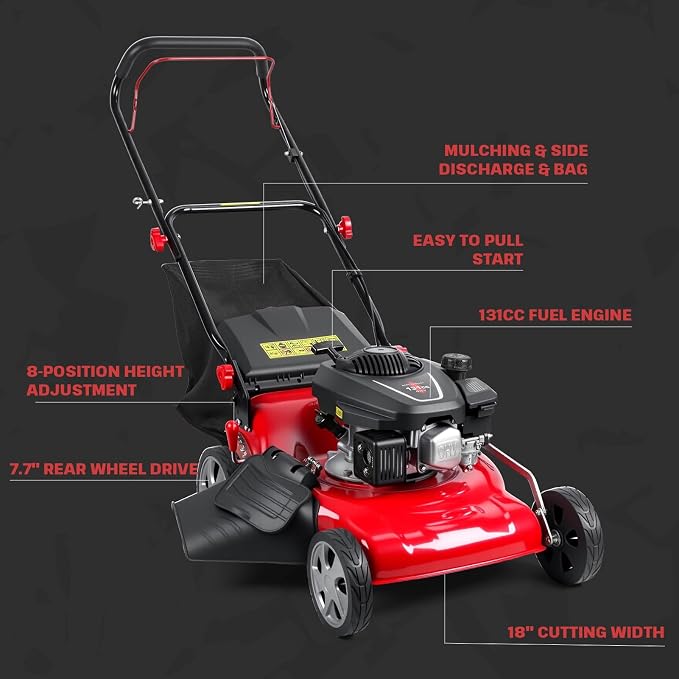 131cc Gas Powered Self Propelled Lawn Mower[Foldable] - Easy to Start, 3 in 1 Multi Functional Gas Push Lawnmower with 50L Grass Tank for Yard Garden, Self-Propelled Rear Wheel System Red - Image 9