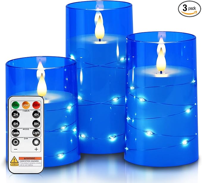 Homemory Flameless Candles with Embedded Star String Fairy Lights, Battery Operated Candles, LED Candle, Fake Candles with Remote Control and Timer, Blue, Set of 3(H 4" 5" 6?€?)