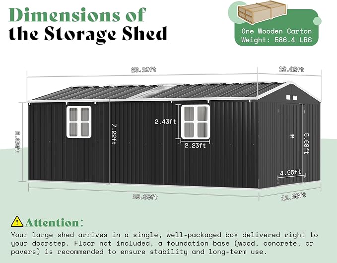 VanAcc 12x20x7.2 FT Outdoor Storage Shed with 2 Transparent Panels, Metal Garden Shed with Hinged Double Doors, Windows & Vents, Reinforced Steel Frame for Backyard Garden, DIY Workshop, Dark Gray - Image 2