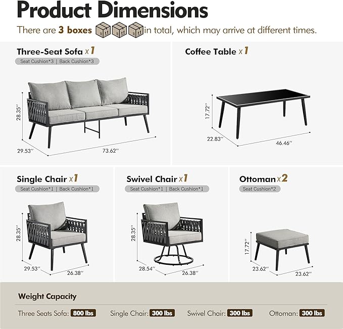 Outdoor Patio Furniture Set, 6-Piece Metal Conversation Furniture Sofa with Coffee Table, All Weather Patio Couch Sofa with Thick Cushions for Balcony Backyard,Dark Grey