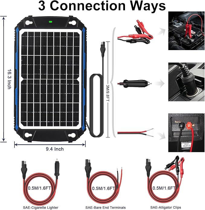 SUNER POWER Waterproof 12W 12V Solar Battery Charger & Maintainer Pro, Built-in UltraSmart MPPT Charge Controller, 12 Volt Solar Panel Trickle Charging Kits for Car Automotive Boat Marine RV Trailer - Image 5