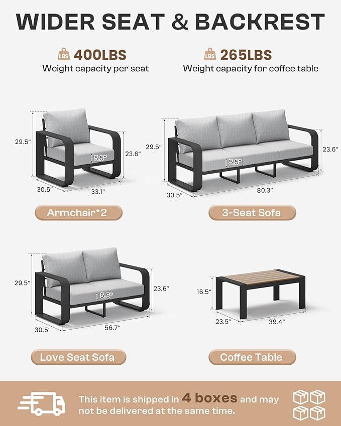 Aluminum Outdoor Patio Furniture Set, 5 Piece Oversized Patio Conversation Sets Widened Armrest & Ultra-Thick Cushions, Heavy Duty Modern Sectional Furniture for Backyard, Porch, Gray
