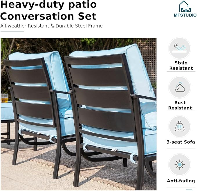 MFSTUDIO 5 Pieces Patio Conversation Sets,Outdoor Metal Furniture Sofas with 1 x 3-Seat Sofa, 2 x Swivel Chairs,2 x Ottoman,Wrought Iron Frame with Blue Cushion for Patio Courtyard Balcony