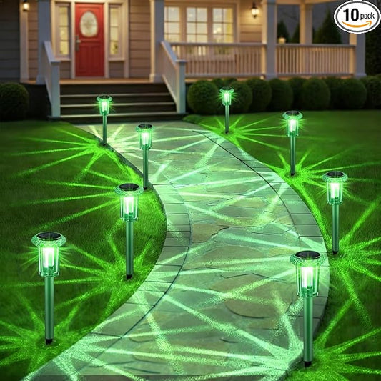 Solar Outdoor Lights, St Patricks Day 10 Pack Solar Pathway Lights Outdoor Waterproof, Stainless Steel Stake Lighting for Garden Yard Path Walkway Driveway Patio Lawn Outside Décor,Green
