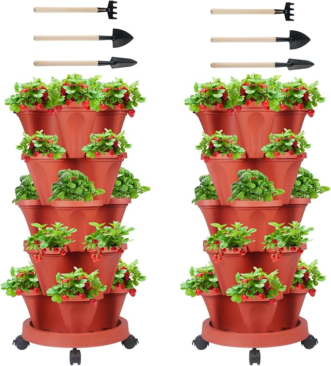 GameXcel Vertical Planter Tower - 5 Tier Stackable Garden Planters with Wheels and Tools Plant Pots for Strawberry Herb Flower and Vegetable Indoor Outdoor Use Red 2 Pack
