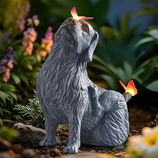 DyBaxa Garden Décor, Garden Statues, Gifts for Women, Mom, Grandma, Patio, Balcony, Yard Decorations Outdoor - Unique Solar Decor Birthday & Housewarming Gifts, Dog Statue with Butterfly Light