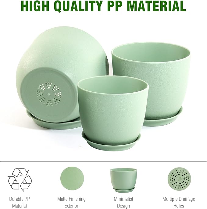 WOUSIWER Plant Pots 10/9/8 inch, Set of 3 Modern Decorative Plastic Planters with Drainage Holes and Saucers for House Plants Indoor Flowers Plants, Green