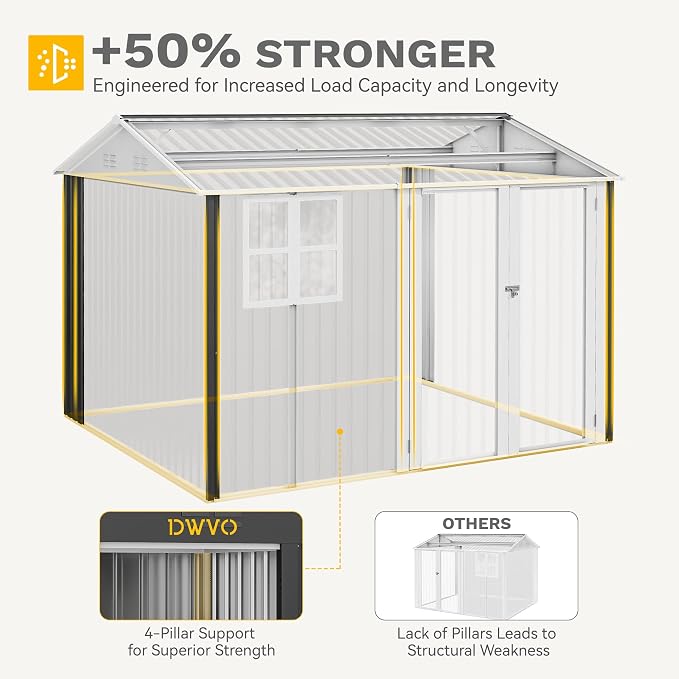 DWVO 10' x 8' Outdoor Storage Shed, Waterproof Metal Garden Shed with Windows, Lockable Doors, and Sloped Roof for Patio, Backyard, Lawn, Tool Storage, Bike Shed, Pet Shelter (Gray + White) - Image 7