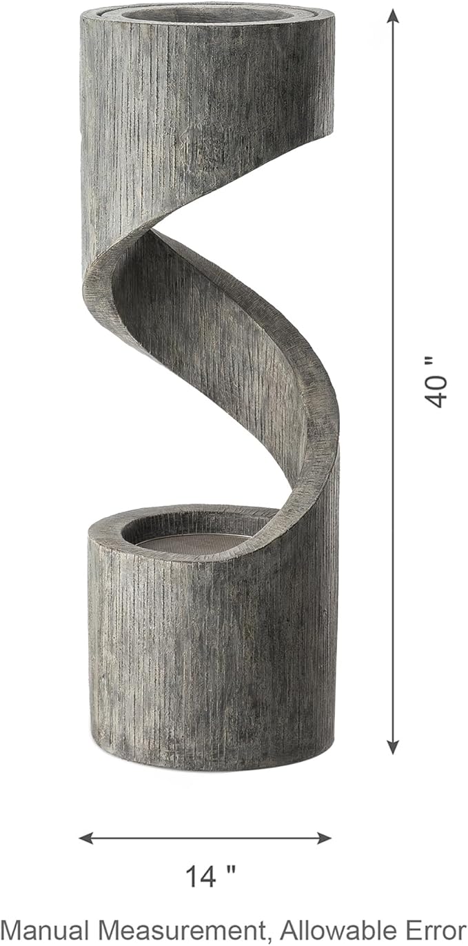 Glitzhome Outdoor Fountain with LED Light, Oversized Spiral Water Fountain Outdoor with Stone Planter, Modern Curved Waterfall Fountains Water Feature for Garden Patio, 40”H