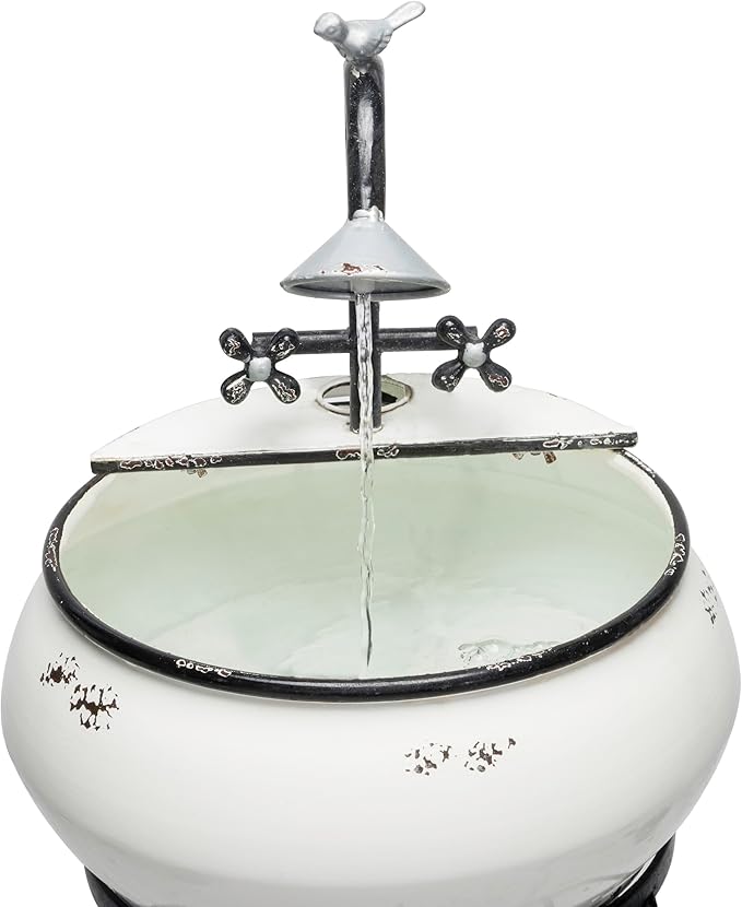 Alpine Corporation YHL170 32” Indoor/Outdoor Antique Metal Sink Water Fountain with Stand – Charming Waterfall Feature for Garden, Patio & Home Decor, White