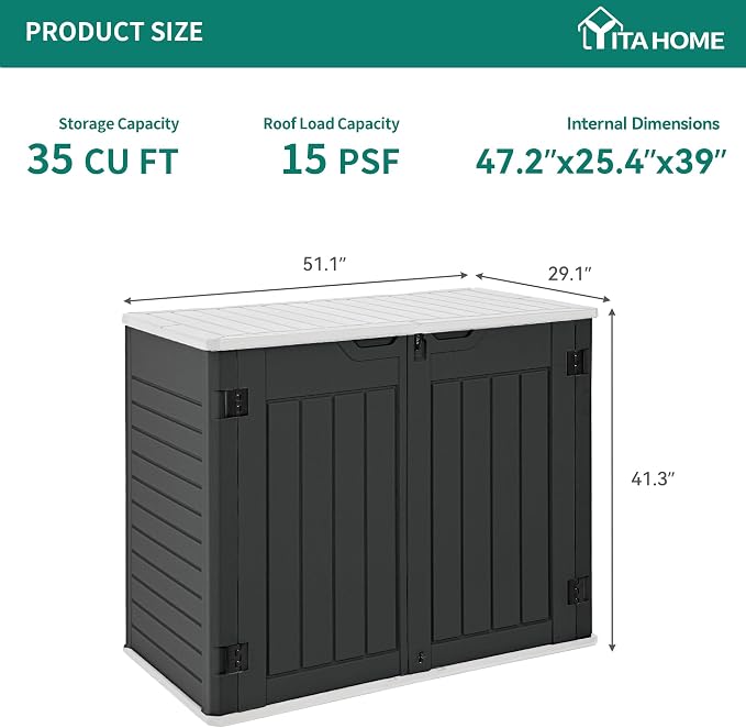 YITAHOME Outdoor Horizontal Storage Sheds w/o Shelf, Weatherproof Resin Tool Shed, Multi-Opening Door for Storage of Bike, Trash Cans, Garden Tools, 35 cu ft, Waterproof, Lockable, Dark Gray - Image 4