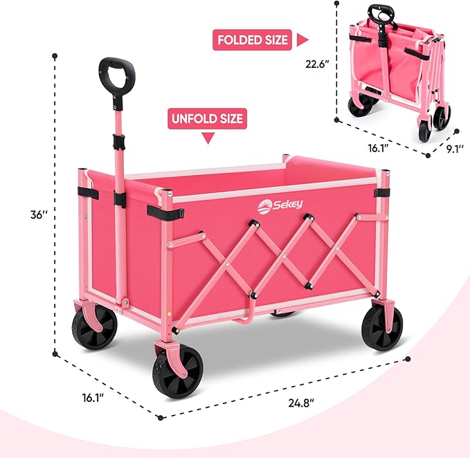 Sekey Wagon Cart with Wheels with 220LBS Capacity,Heavy Duty Wagon Carts Foldable,Lightweight Utility Portable Cart for Grocery, Shopping, Garden, Camping. Pink - Image 7