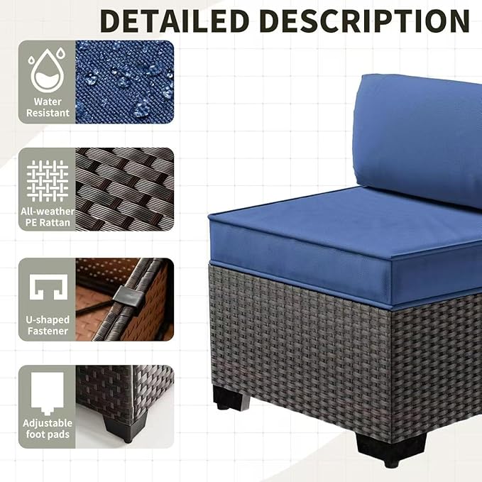 Gotland 7 Pieces Patio Furniture Set with 4’’ Thick Cushions, All-Weather PE Rattan Patio Set with 29.5'' High Backrest, Outdoor Furniture with Coffee Table for Porch Deck Garden Navy