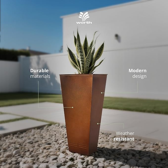 Worth 2 Pack 28" Tall Large Metal Planter, Tapered Steel Flower Pots with Insert Plate with Drain Holes & Air Vents for Indoor or Outdoor Use, Bronze