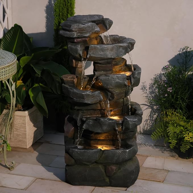 42" H Outdoor Water Fountain with 5 Tiers Large Cascading Realistic Tree Trunk Waterfall Fountains with LED Lights Outdoor Water Fountain for Garden Patio Backyard Porch Home Decor